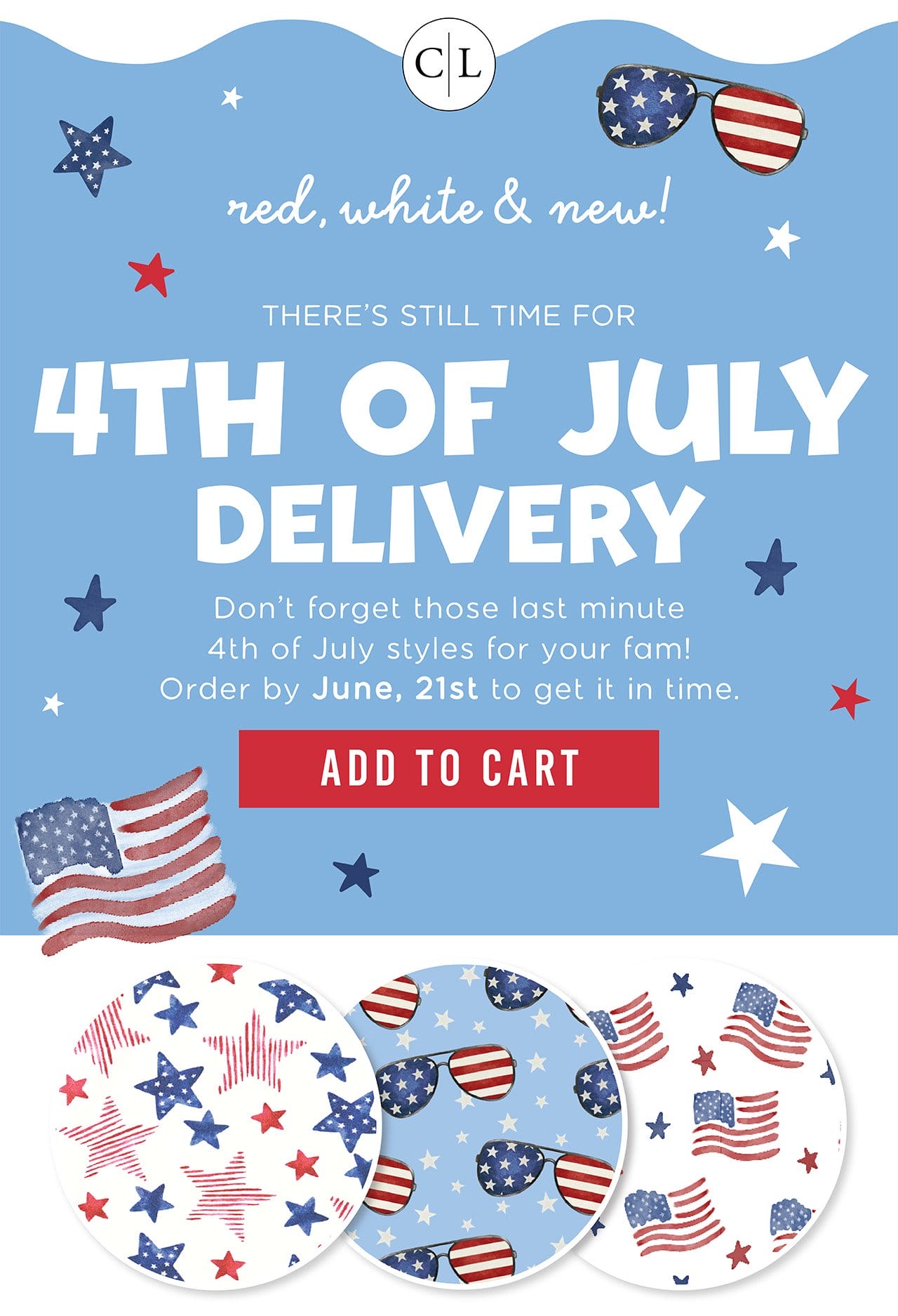 red, white, and new! there's still time for 4th of july delivery! Don't forget those last minute 4th of July styles for your fam! Order by June 21st to get it in time. | ADD TO CART