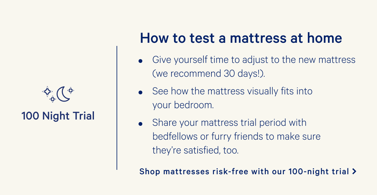 How to test a mattress at home >> Shop mattresses risk-free with our 100-night trial >>