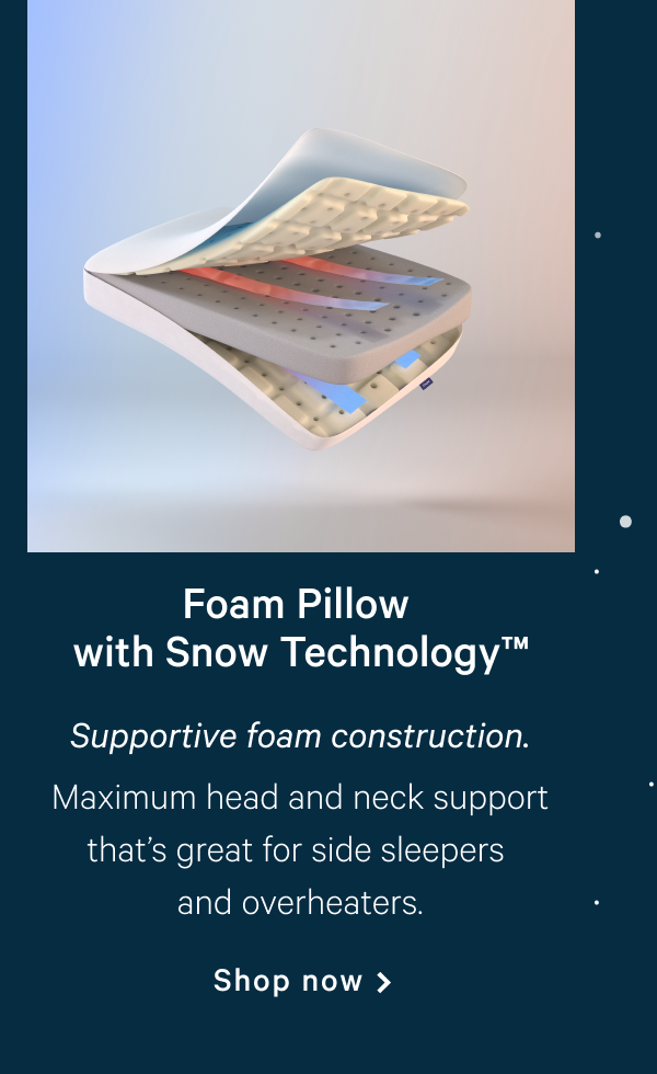Foam Pillow with Snow Technology™ >> Supportive foam construction. >> Maximum head and neck support that’s great for side sleepers and overheaters. >> Shop now >>