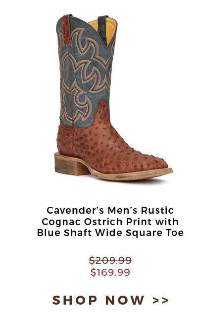 Cavender's Men's Rustic Cognac Ostrich Print with Blue Shaft Wide Square Toe | \\$169.99 | Shop now >>