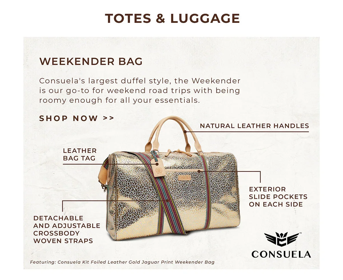 Totes & Luggage | Weekender Bag | Consuela's largest duffle style, the Weekender is our go-to for weekend road trips with being roomy enough for all your essentials. | Natural Leather Handles - Leather Bag Tag - Exterior Side Pockets on Each Side - Detachable & Adjustable Crossbody Woven Straps | Shop Now