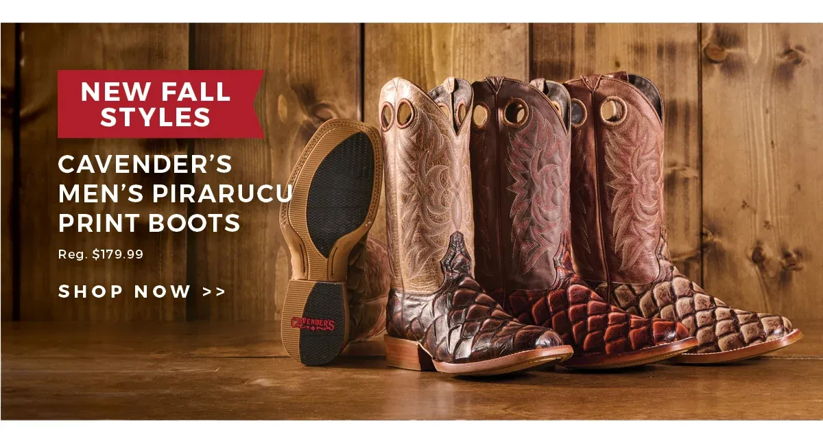 New Fall Styles | Cavender's Men's Pirarucu Print Boots | Reg. \\$179.99 | Shop now >>