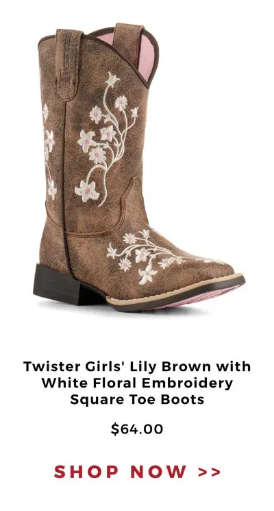 Twister Girls' Lily Brown with White Floral Embroidery Square Toe Boots | \\$64.00 | SHOP NOW >>