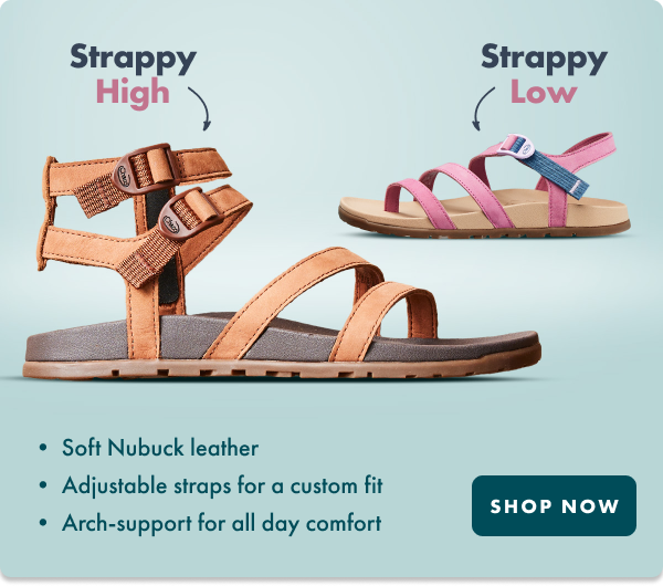 Strappy high - Strappy low - Soft Nuck leather, Adjustable straps for a custom fit. Arch support for all day comfort - shop now