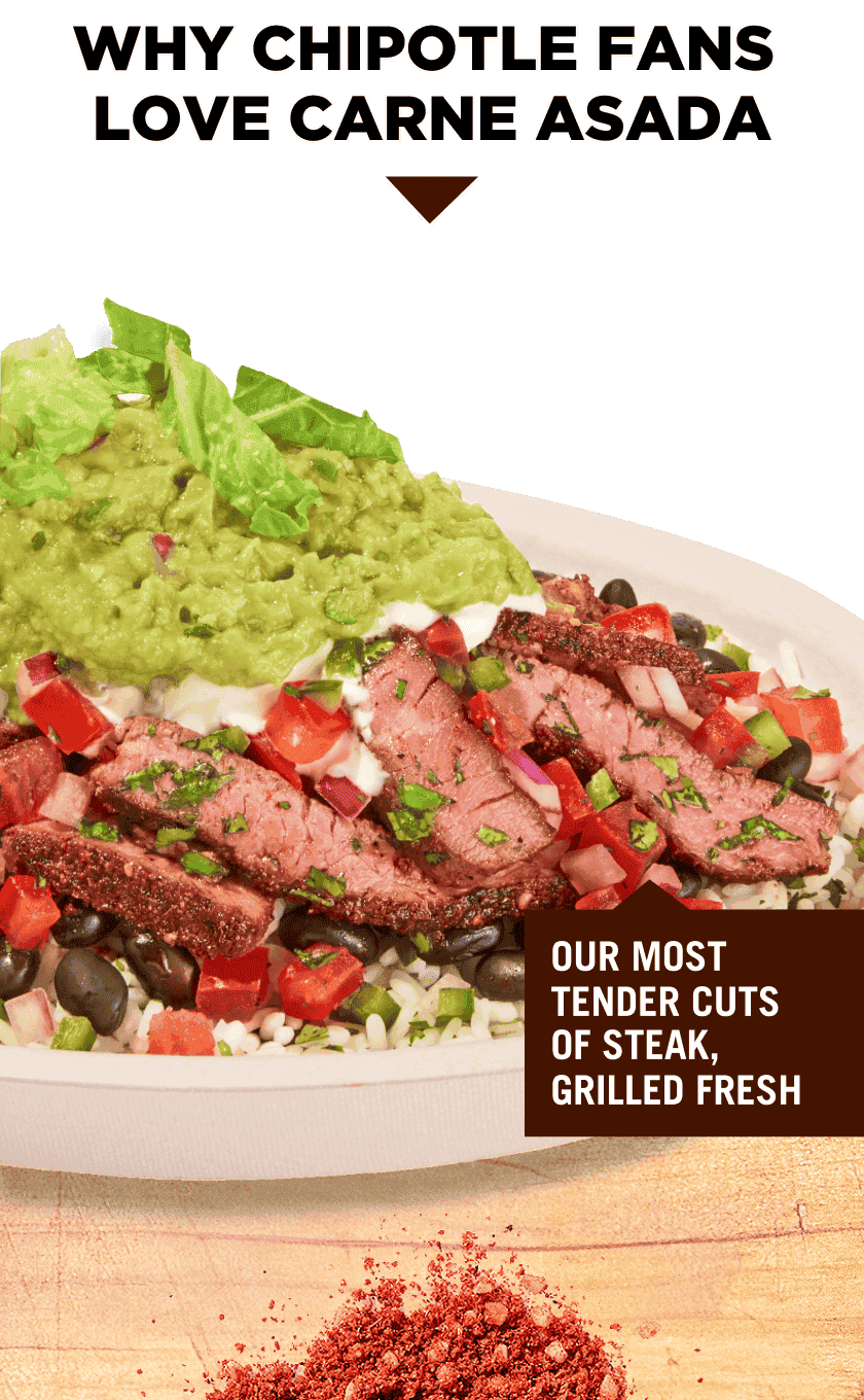 Why chipotle fans love carne asada. Our most tender cuts of steak, grilled fresh.