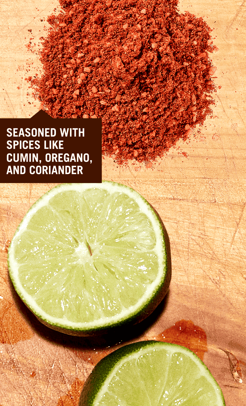 Seasoned with spices like cumin, oregano, and coriander.