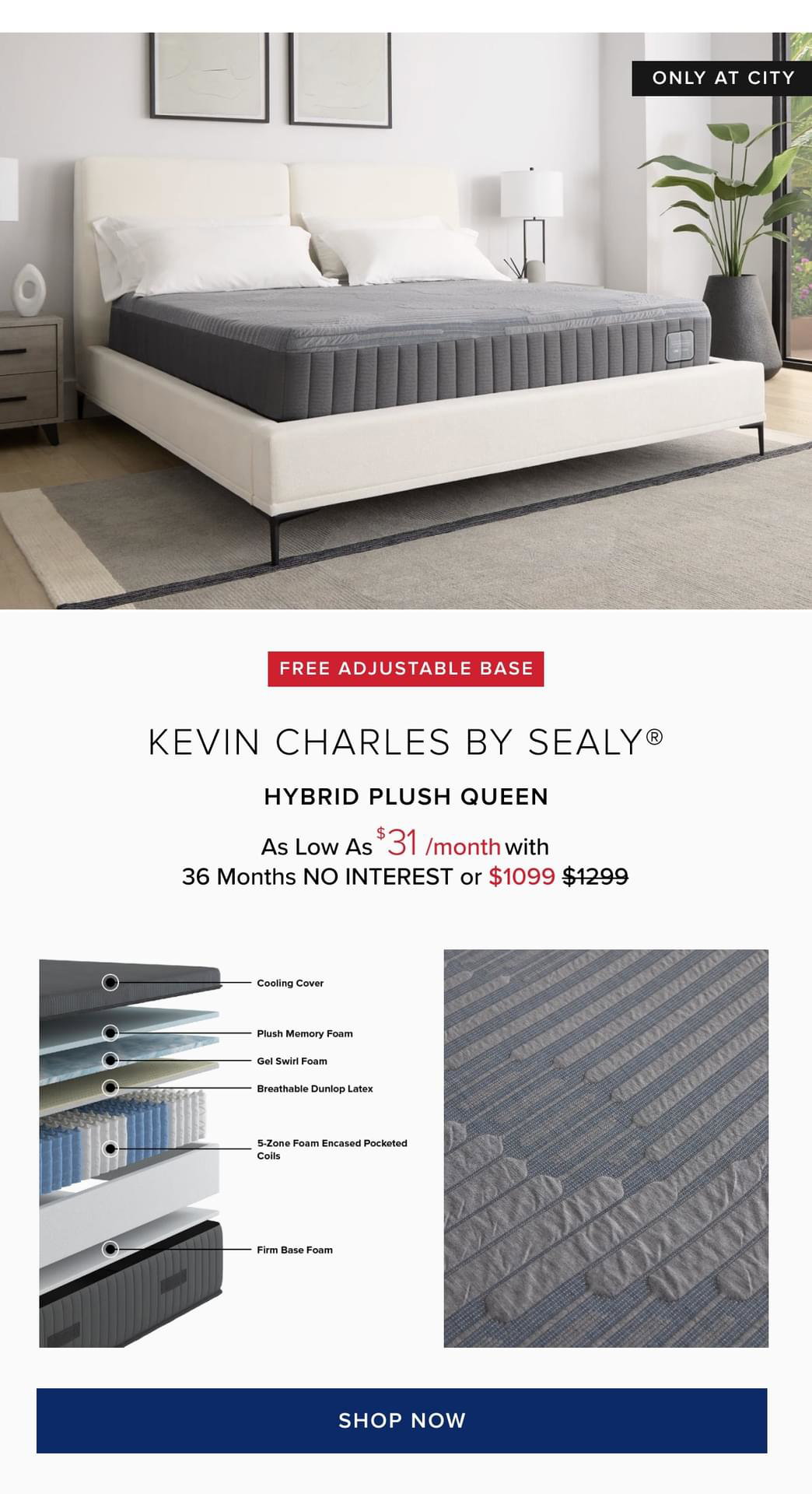 Kevin charles by sealy hybrid plush queen mattress as low as \\$37/month or \\$1299