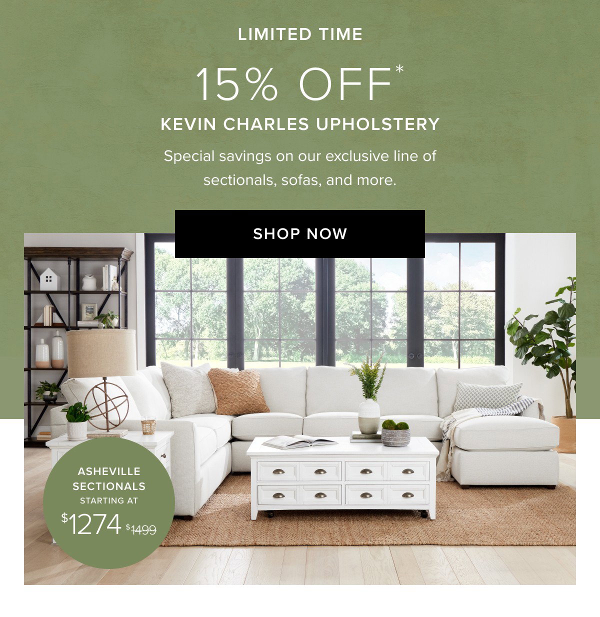 15% off kevin charles upholstery. Shop now