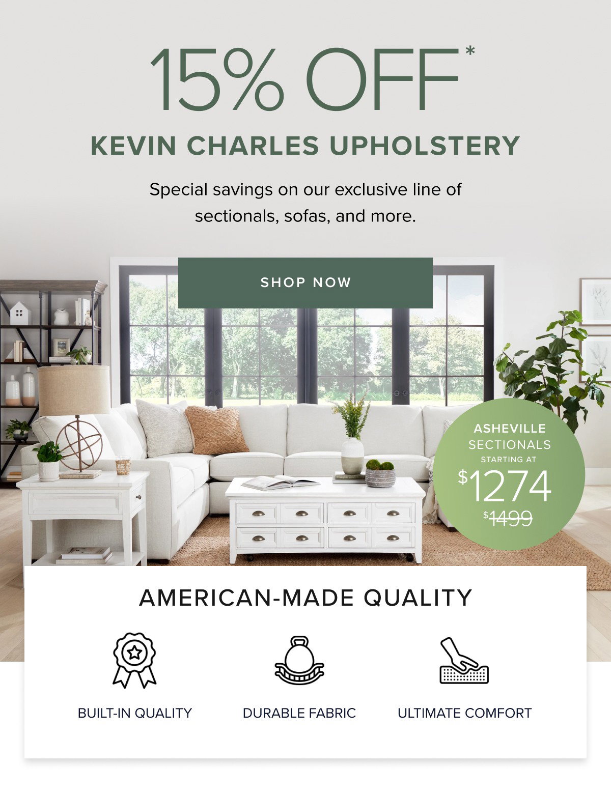 15% off kevin charles upholstery. Shop now