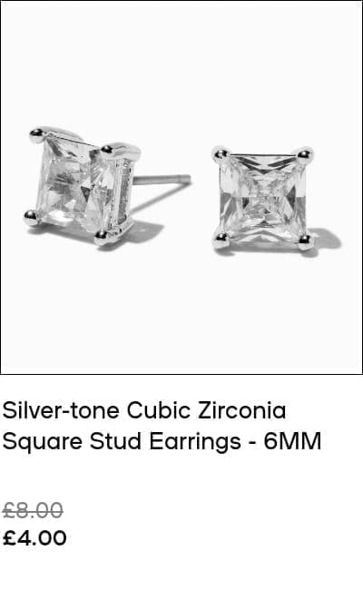 Silver-tone Cubic Zirconia Square Stud Earrings - 6MM