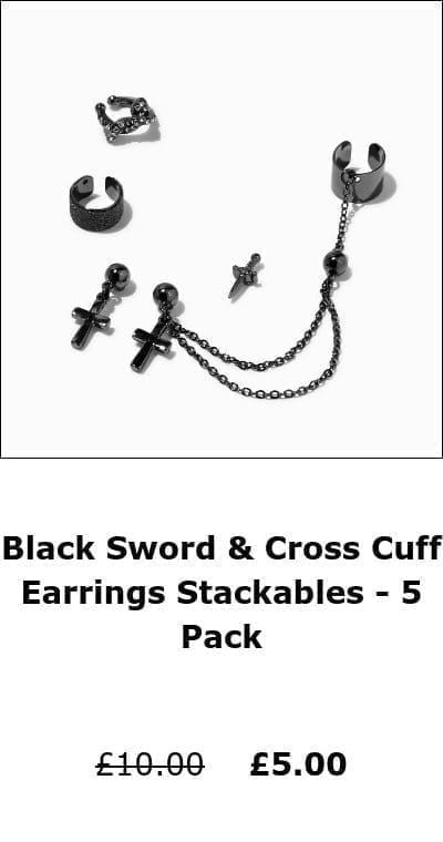 Black Sword & Cross Cuff Earrings Stackables - 5 Pack