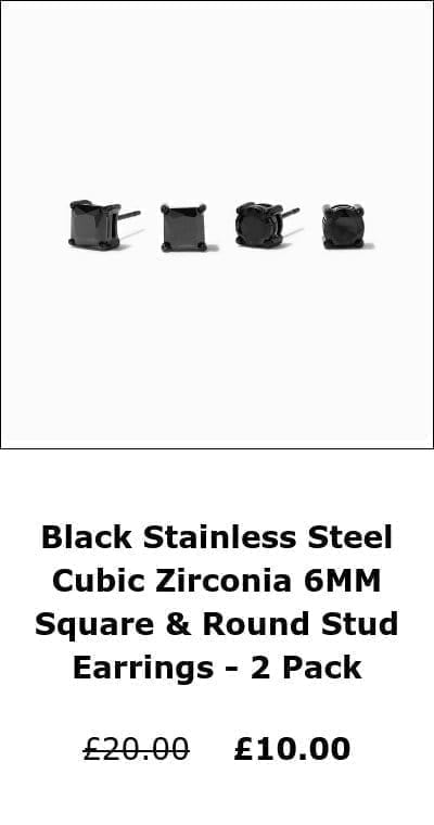 Black Stainless Steel Cubic Zirconia 6MM Square & Round Stud Earrings - 2 Pack