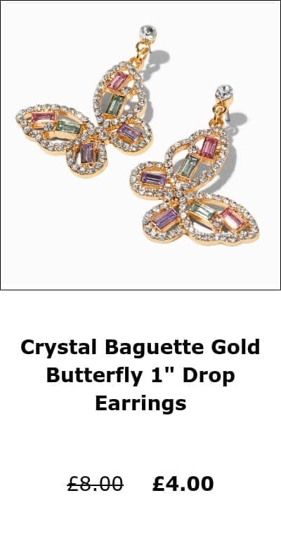 Crystal Baguette Gold Butterfly 1" Drop Earrings