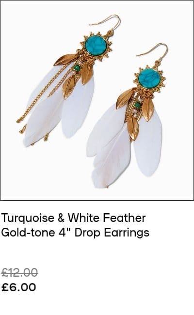 Turquoise & White Feather Gold-tone 4" Drop Earrings