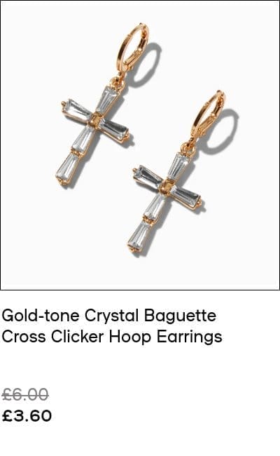 Gold-tone Crystal Baguette Cross Clicker Hoop Earrings