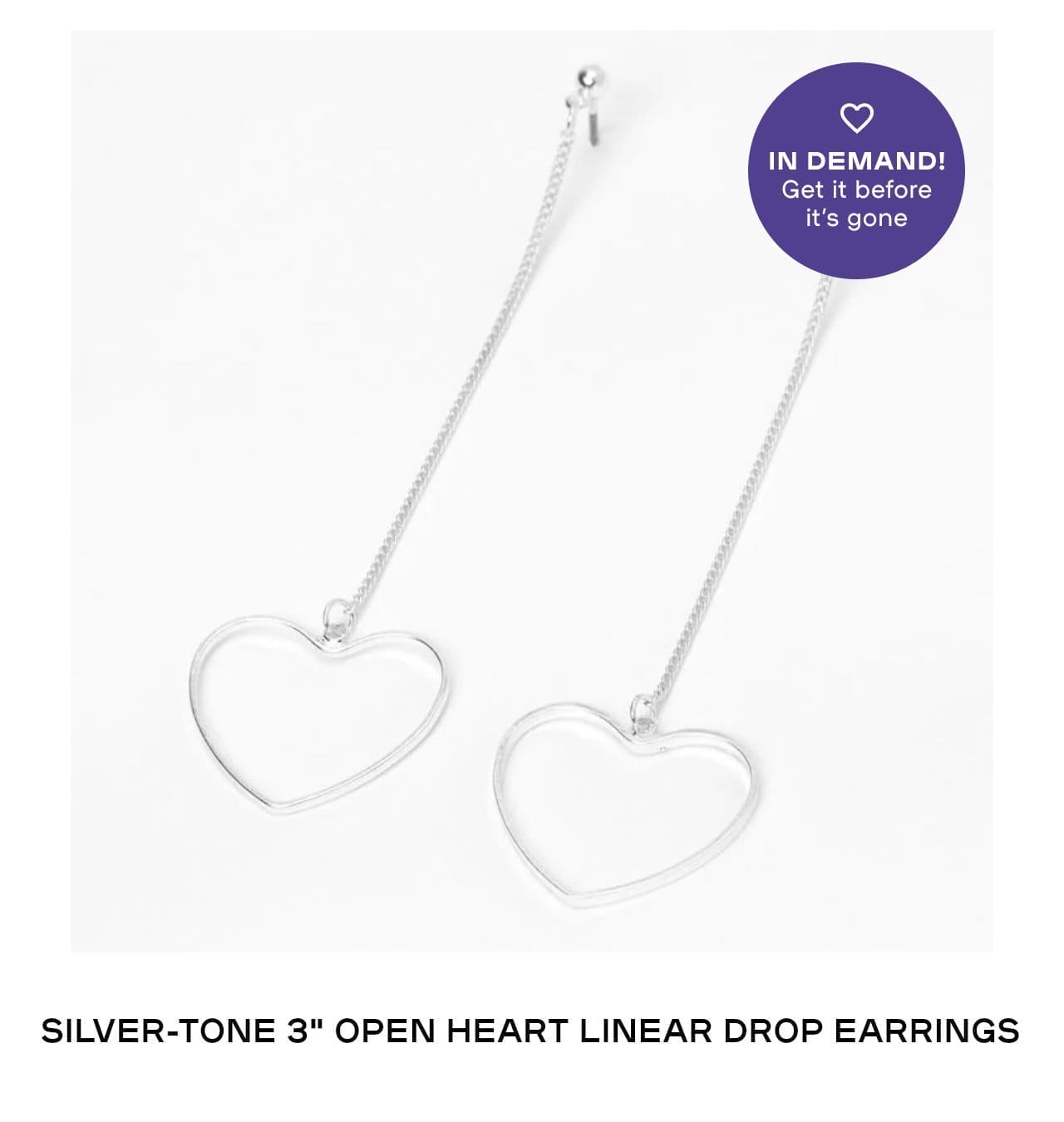 Silver-tone 3in Open Heart Linear Drop Earrings