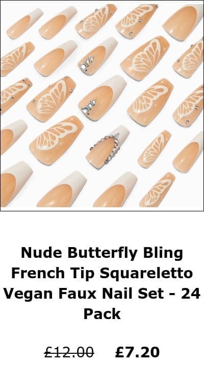 Nude Butterfly Bling French Tip Squareletto Vegan Faux Nail Set - 24 Pack