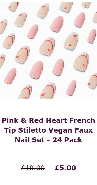 Pink & Red Heart French Tip Stiletto Vegan Faux Nail Set