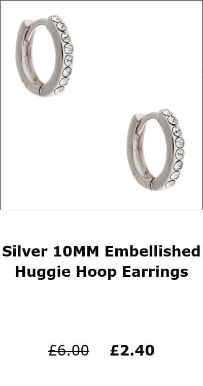 Silver 10MM Embellished Huggie Hoop Earrings