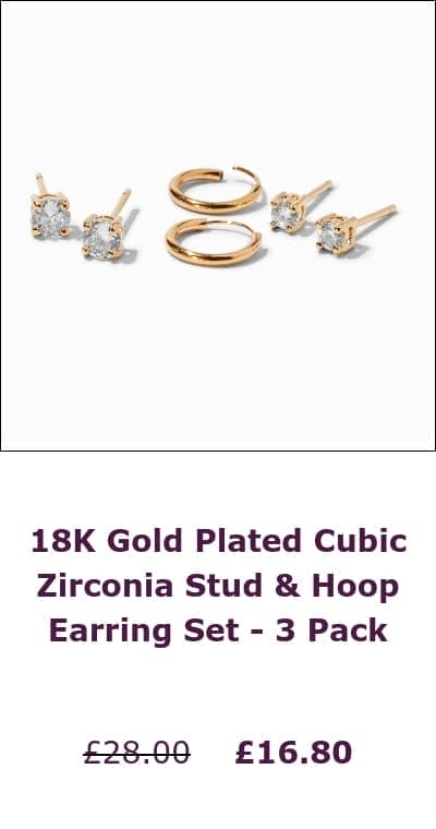 18K Gold Plated Cubic Zirconia Stud & Hoop Earring Set - 3 Pack