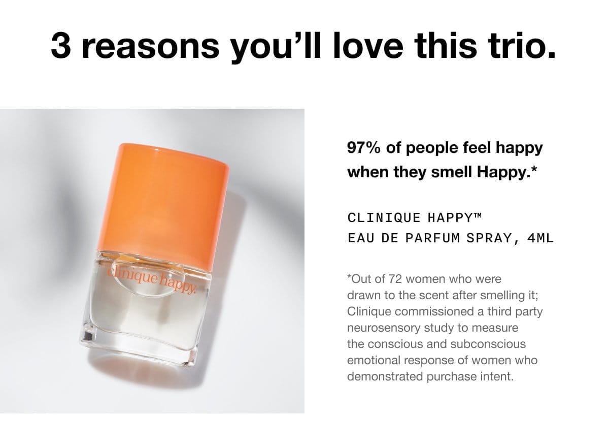 3 reasons you’ll love this trio. 97% of people feel happy when they smell Happy.* Clinique Happy™ Eau de Parfum Spray, 4ml *Out of 72 women who were drawn to the scent after smelling it; Clinique commissioned a third party neurosensory study to measure the conscious and subconscious emotional response of women who demonstrated purchase intent.