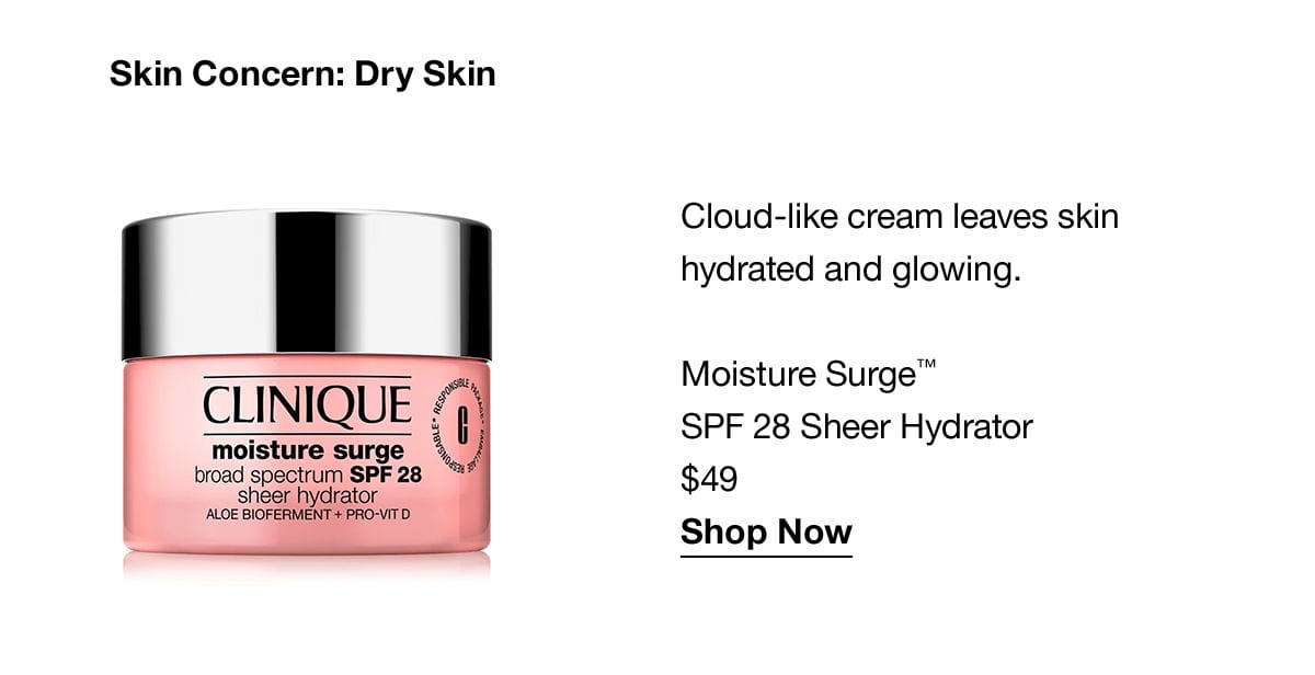 Skin Concern: Dry Skin | Cloud-like cream leaves skin hydrated and glowing. Moisture Surge™ SPF 28 Sheer Hydrator \\$49 Shop Now