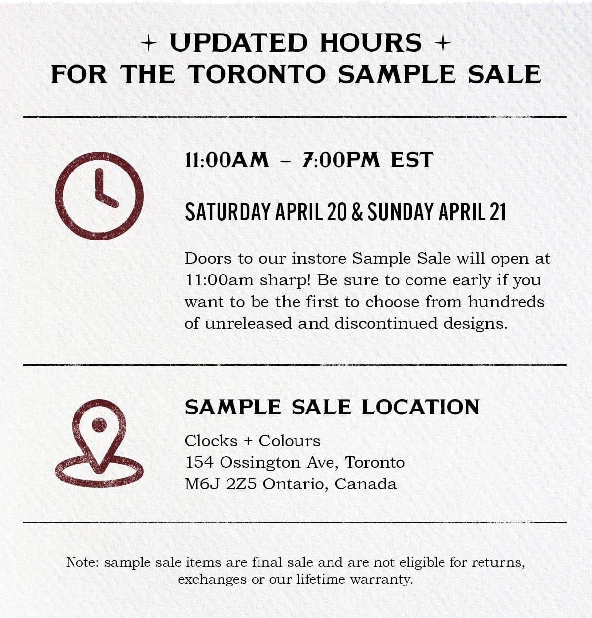 Updated Hours for Toronto Sample Sale