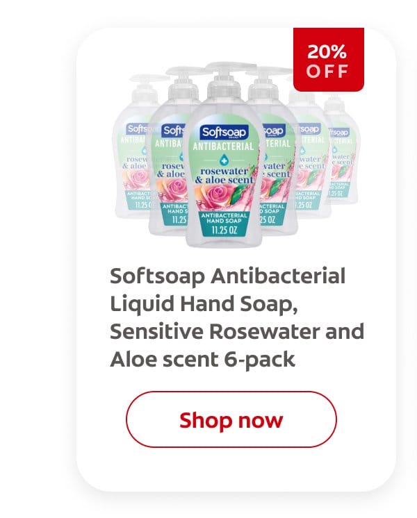 Softsoap Antibacterial Liquid Hand Soap, Sensitive Rosewater and Aloe scent 6-pack 20% off click here to shop now