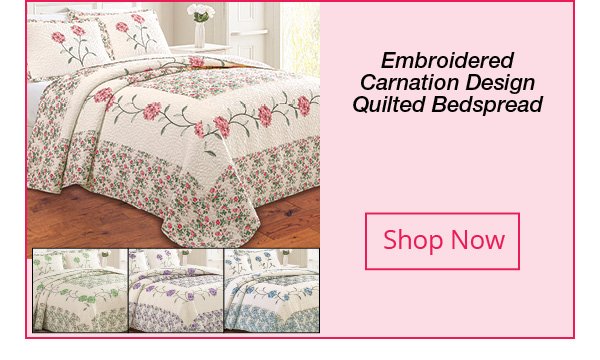 Embroidered Carnation Design Quilted Bedspread