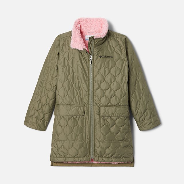 The girls' Bella Plush Novelty Jacket in green with a pink sherpa collar.