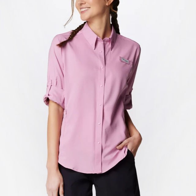 Model in pink button up shirt.