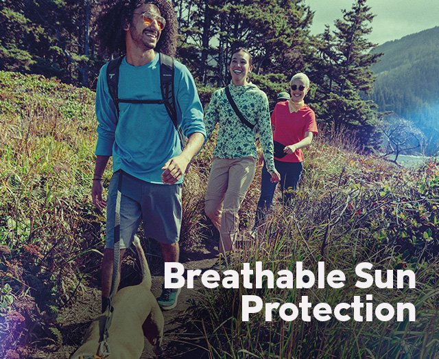 Breathable Sun Protection. Hikers on a trail.