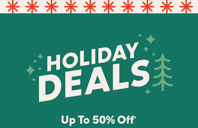 Holiday Deals on top of a green background with sparkles and tree illustrations.