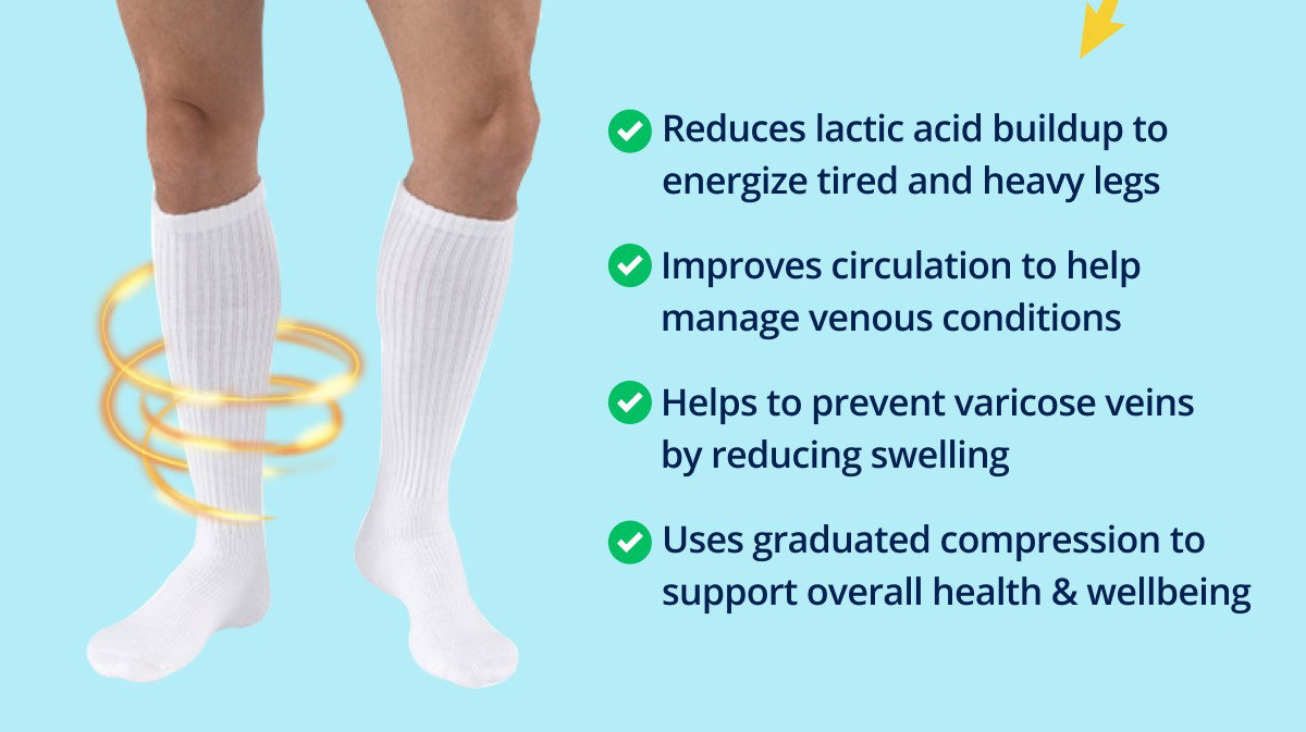 ✅ Reduces lactic acid buildup to energize tired and heavy legs ✅ Improves circulation to help manage venous conditions ✅ Helps to prevent varicose veins by reducing swelling ✅ Uses graduated compression to support overall health & wellbeing
