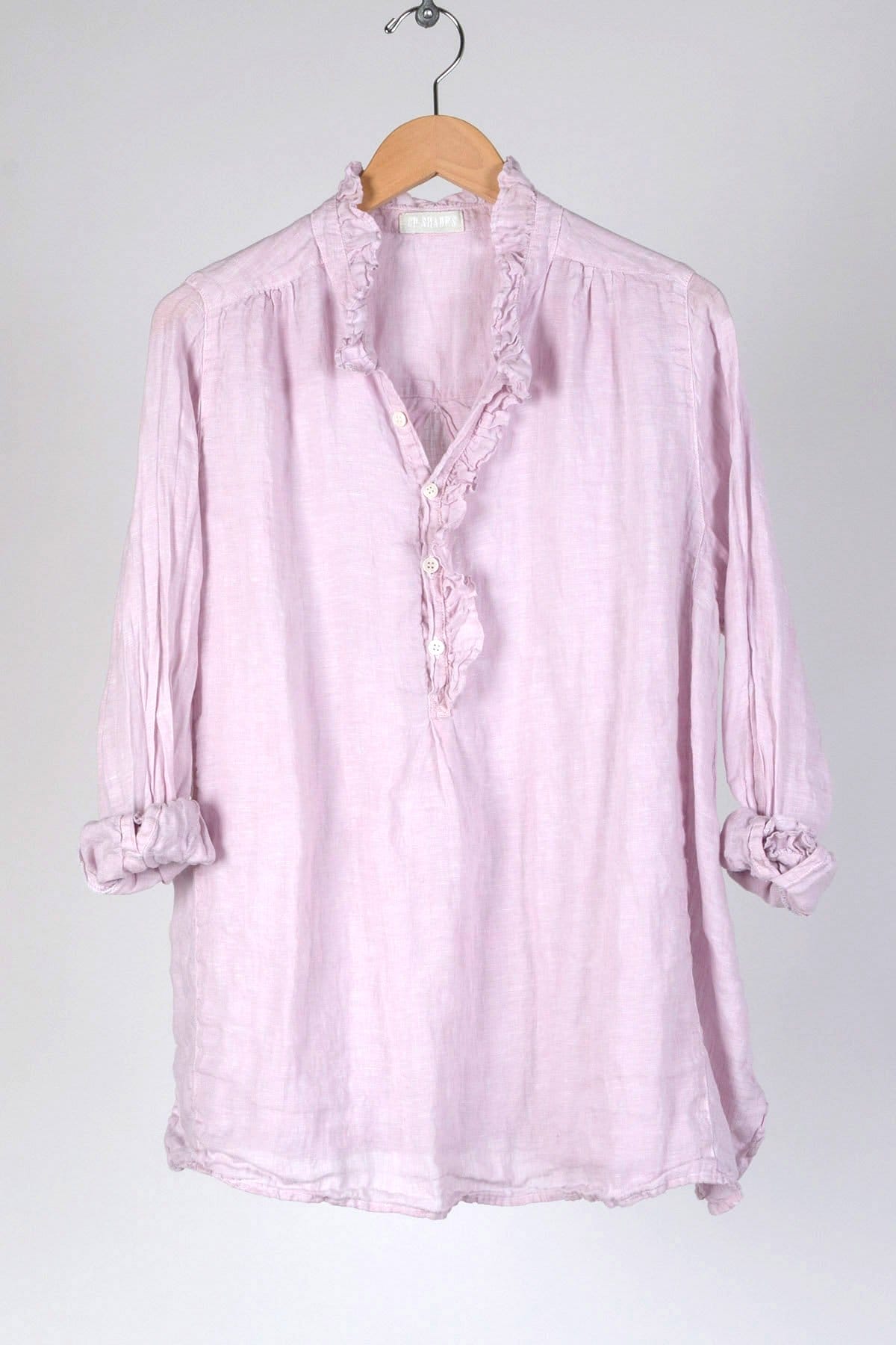 linen shirt Long sleeve pullover with short ruffled collar and cuffs.