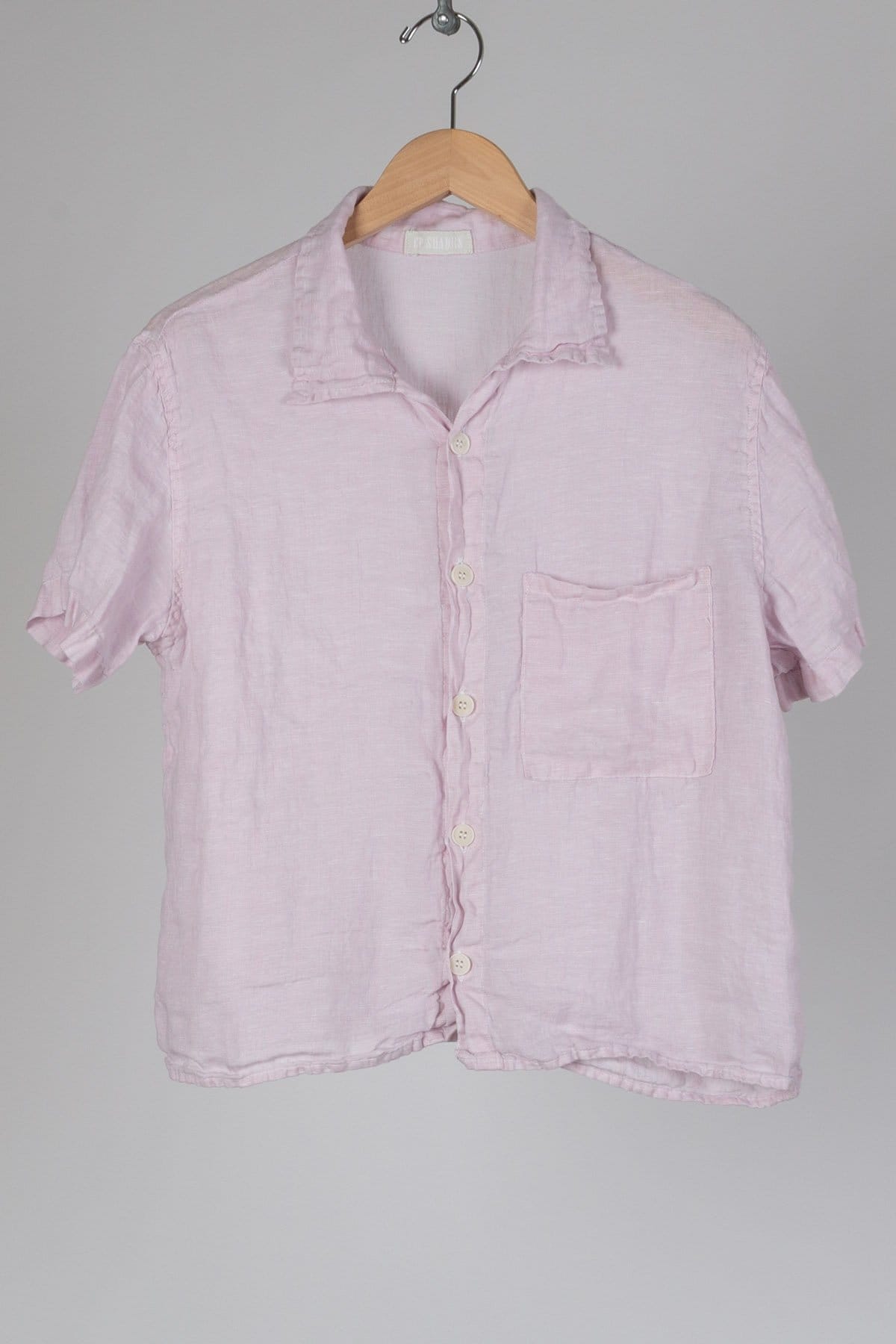 linen shirt Collared camp shirt with a square front pocket and longer short sleeves