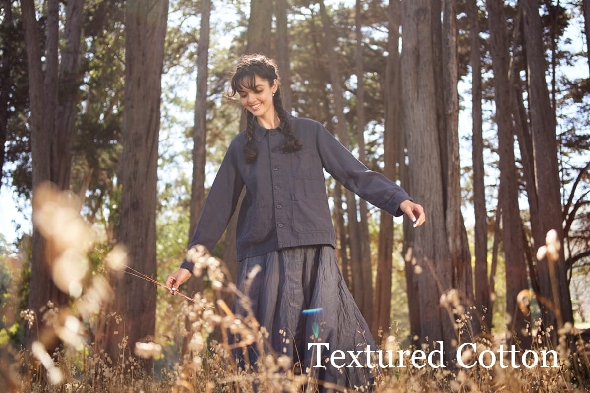 model wearing textured cotton jacket