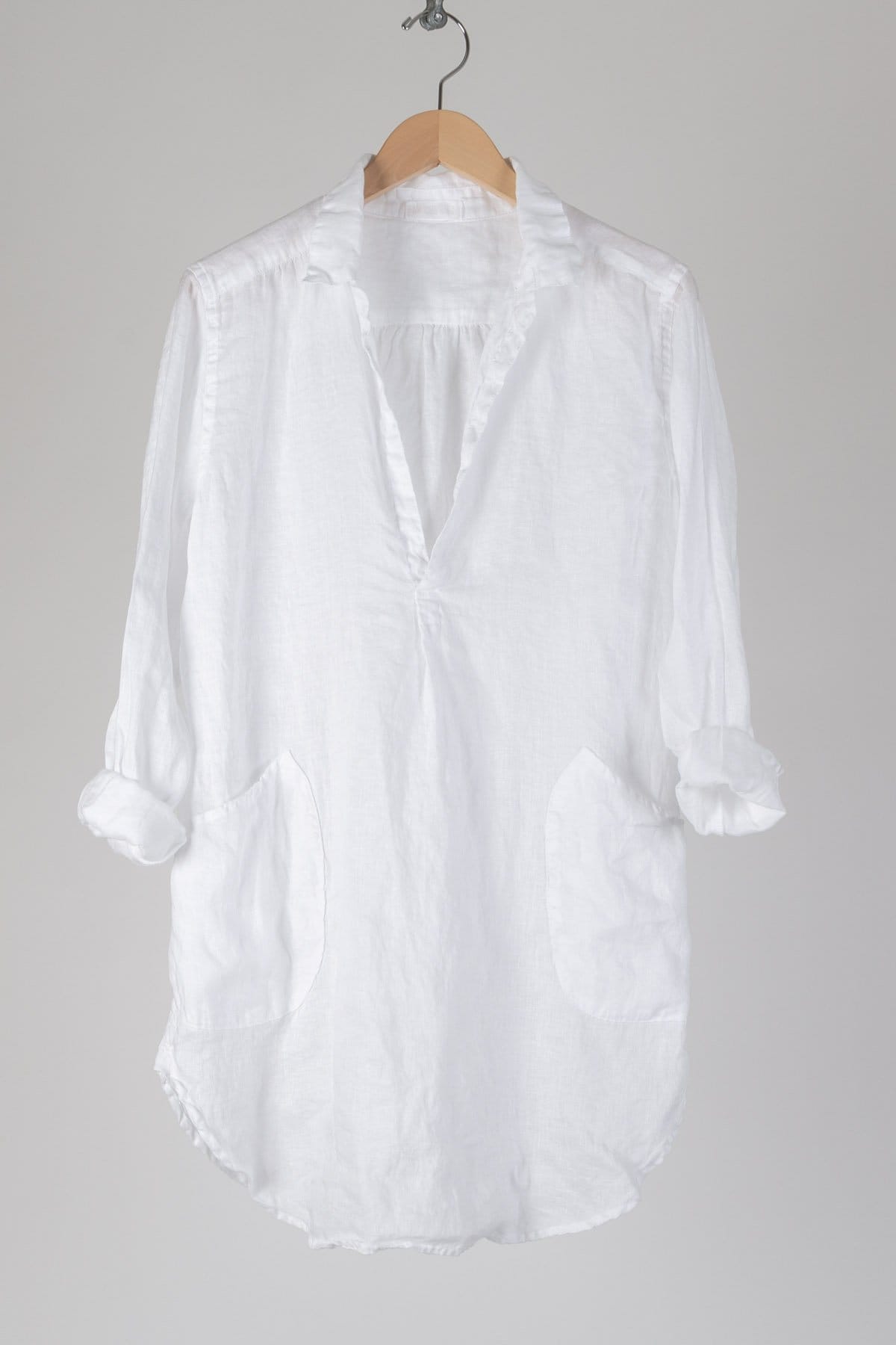 white long sleeve linen tunic with pockets