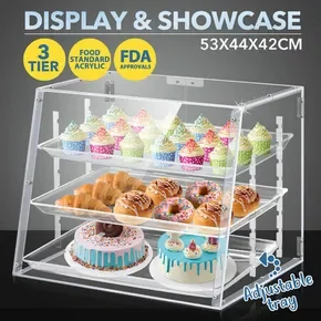 Cake Display Cabinet 3 Tier Acrylic Bakery Cupcake Stand Case Unit Holder Muffin Donut Pastry Model Toy Showcase Adjustable Shelf 5mm Thick