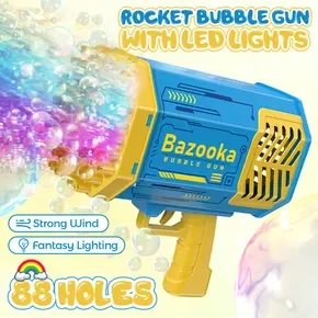 Bubble Gun Rocket Toy Machine Blower Soap Water Maker Launcher Best Gift for Kids Party Birthday LED Light Lithium Blue