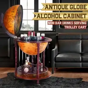 Antique Globe Alcohol Cabinet Bar Cart Drinks Wine Serving Trolley Bottle Organiser Mini Round Mobile Stand 55x55x95cm