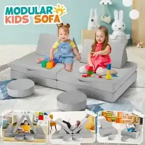 6Pcs Kids Sofa Play Couch Modular Lounge Cushion Convertible Playset Sectional Childrens Toddler Chair Playroom Fabric