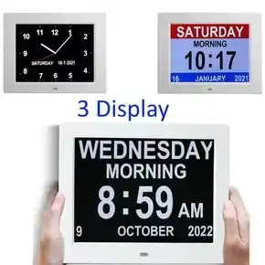 EXTRA Large 3-interface Display 8-inch Digital Day Clock with 8 Alarms, Non-Abbreviated Day & Month, Vision Impaired Clock for Elderly Seniors(White)