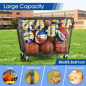 Large Sports Ball Storage Cart Lockable Bin Cage Sports Equipment Organiser Basketball Football Toys Holder Rack Garage Gym