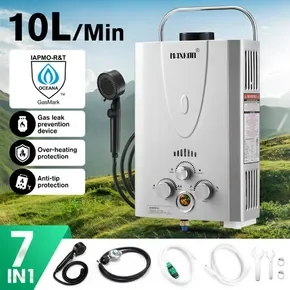 Maxkon Gas Water Heater 7 in 1 10L Portable Camping Outdoor Instant Hot Shower Heating System Silver