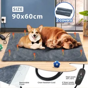 Electric Dog Cat Heater Bed Pet Kitty Heated Pad Heating Mat Puppy Warming Blanket Winter Warmer XL 90x60cm 2 Cloth Covers