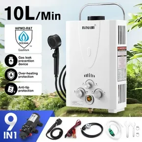 Maxkon Gas Water Heater 9 in 1 10L Outdoor Portable Camping Shower Instant Hot Heating System White with Pump