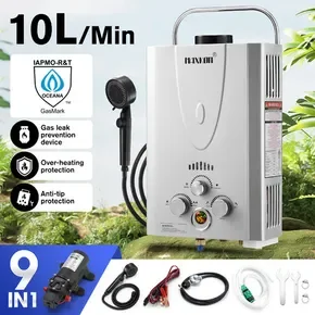 Maxkon Gas Water Heater 9 in 1 10L Portable Outdoor Camping Instant Hot Shower Heating System Silver with Pump