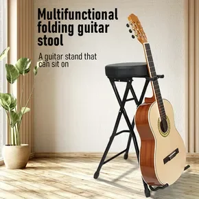 Foldable Guitar Stool Player Practice Chair Padded Seat with Rear Mounted Acoustic Electric Bass Instrument Stand Holder Hanger