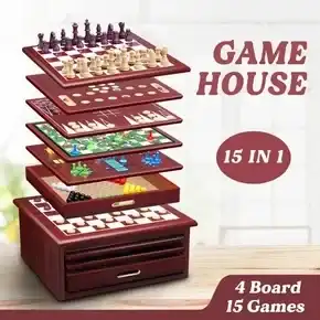 New 15-in-1 Chess Game Set Wooden Board Game Checker Backgammon Solitaire